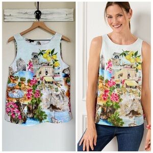 TALBOTS L Linen Cotton Shell • Coastal Scenic Print French Riviera Amalfi Coast